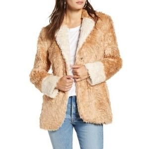 Mural Faux Fur Jacket Notch Lapel Snap Front